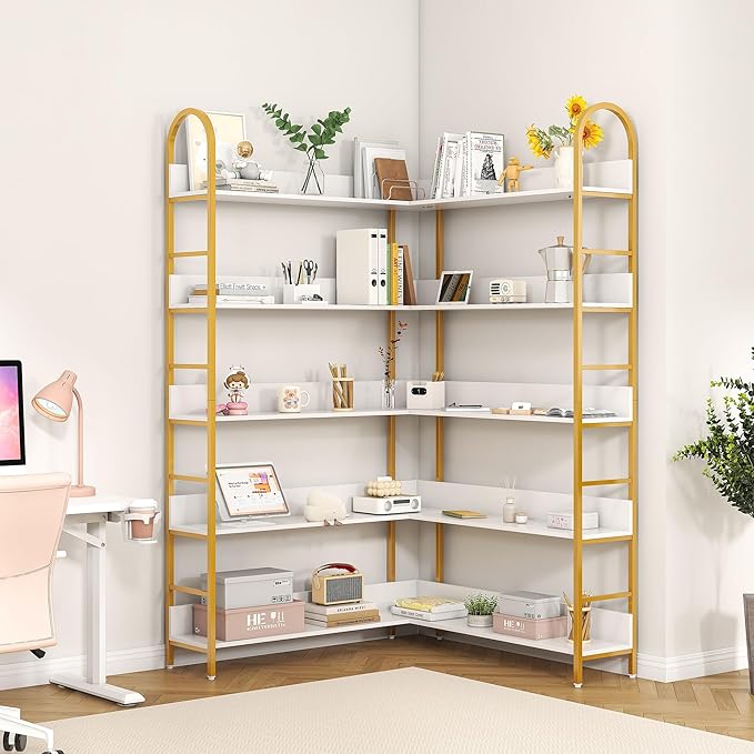 Nosepen Corner Bookshelf, 5 Tiers Tall Open Corner Etagere Bookcase Storage Organize, L-Shaped Large Corner Bookshelves, Corner Shelf Storage Display Rack with Metal Frame for Living Room Home Office