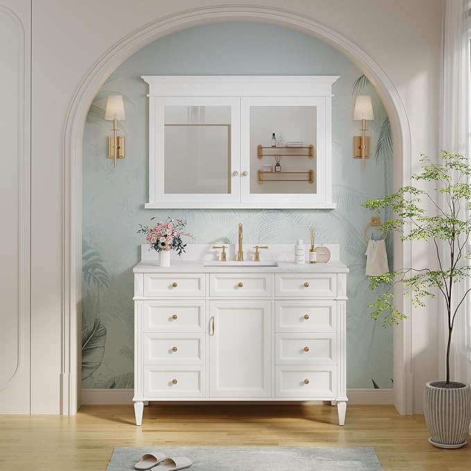 WELLFOR 48"x 32" Bathroom Medicine Cabinet with 3-Tier Adjustable Shelves, Recessed Solid Wood Medicine Cabinet with Mirrors, Wood Miiror Cabinet with 2 Soft-Close Door and Open/Built-in 6 Shelves