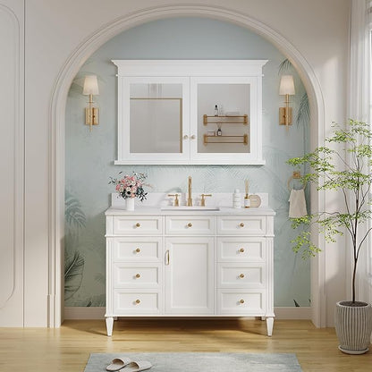 WELLFOR 48"x 32" Bathroom Medicine Cabinet with 3-Tier Adjustable Shelves, Recessed Solid Wood Medicine Cabinet with Mirrors, Wood Miiror Cabinet with 2 Soft-Close Door and Open/Built-in 6 Shelves