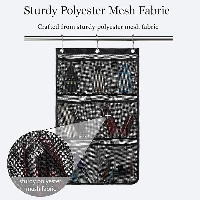 GYEUKHAM Mesh Shower Caddy Hanging Organizer with 7 Pockets and Hooks, Portable Quick Dry Bathroom Storage for College Dorm, Cruise, RV, Gym, Travel Toiletry Bag, Black, 1 Pack