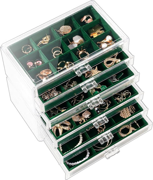Lolalet Earring Holder Organizer Box Jewelry Storage with 6 Drawers, Clear Acrylic Stackable Earring Case with Adjustable Velvet Trays for Women on Dresser Vanity -Emerald, 6 Layers