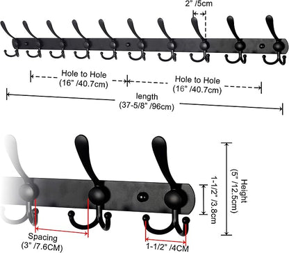 Dseap Coat Rack Wall Mount - 38” Long 10-Tri-Hooks Heavy Duty Coat Hanger Rail Wall Hooks for Hanging Coats Hats Clothing Clothes Purse Mudroom Entryway, Black, Pack of 2