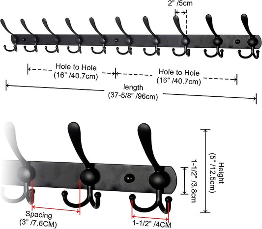 Dseap Coat Rack Wall Mount - 38” Long 10-Tri-Hooks Heavy Duty Coat Hanger Rail Wall Hooks for Hanging Coats Hats Clothing Clothes Purse Mudroom Entryway, Black, Pack of 2