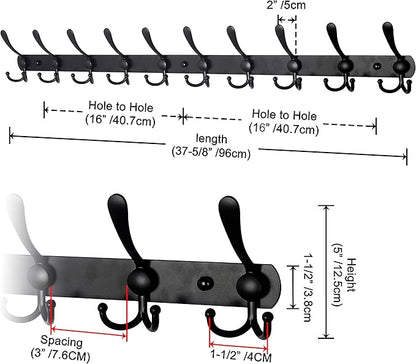 Dseap Coat Rack Wall Mount - 38” Long 10-Tri-Hooks Heavy Duty Coat Hanger Rail Wall Hooks for Hanging Coats Hats Clothing Clothes Purse Mudroom Entryway, Black, Pack of 2