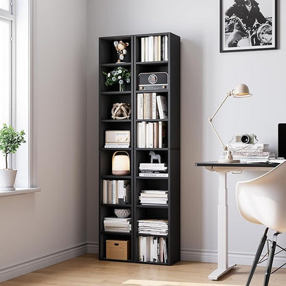 Bamjoy 71 Inches Tall Narrow Bookcase, 8-Tier Slim CD DVD Media Tower Rack, Corner Bookshelf with Adjustable Shelves, Cube Skinny Bookshelf for Home Office Small Space, Black