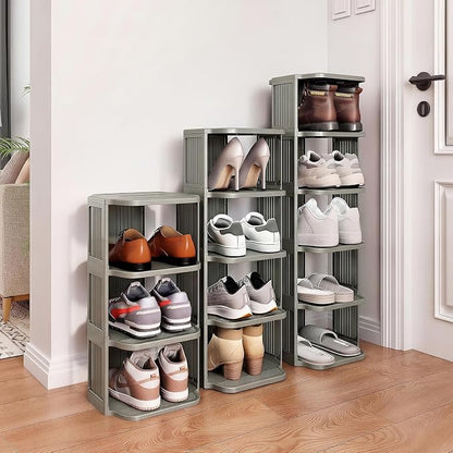 Kitstorack 10-Tier Vertical Plastic Shoe Rack, Freestanding Stackable Shoe Storage Organizer Cubes Shoe Shelf Tower or Small Closets and Tight Spaces, Gray