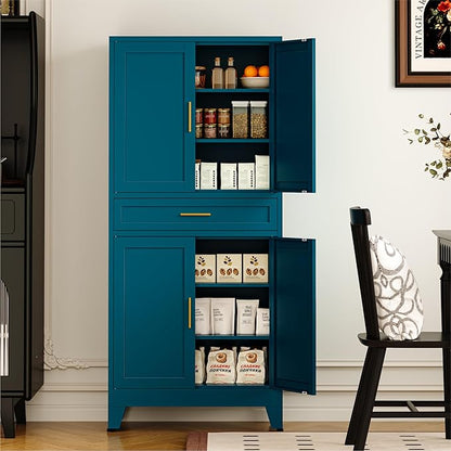 COFaR 71" Pantry Cabinet with Drawer, Peacock Blue Storage Cabinet with Adjustable Shelves, 3-Section Modern Statement Cupboard for Kitchen & Bathroom