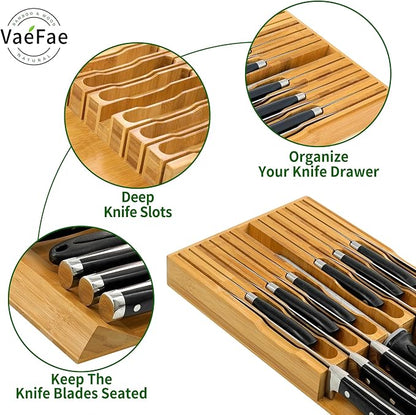 VaeFae Bamboo Knife Drawer Organizer, Knife Drawer Organizer Insert, Kitchen Drawer Knife Block for 12 Knives and a PLUS Slot for your Knife Sharpener (Without Knives)