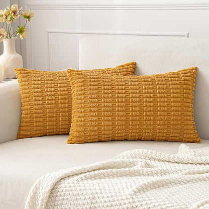 MIULEE Pack of 2 Corduroy Decorative Lumbar Throw Pillow Covers 20x12 Inch Soft Boho Striped Pillow Covers Modern Farmhouse Home Decor for Summer Sofa Living Room Couch Bed Gold Yellow