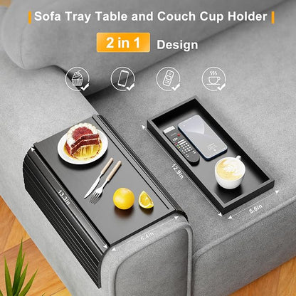 Bestjing Bamboo Sofa Armrest Tray Table for Couch - 2-in-1 Couch Arm Table with Be Slide Detachable Tray- Anti-Slip Foldable Sofa Armchair Caddy for Drinks Cellphone TV Remote Snacks (Black)