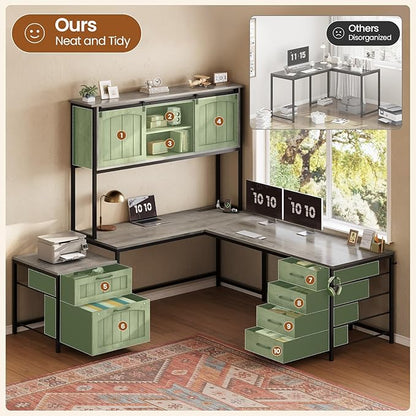SEDETA Farmhouse L Shaped Office Desk with 6 Drawer, Reversible Computer Desk with Power Outlet, Hutch for Home Office/Two Person, Corner Desk with File Drawer & Printer Storage Shelves, Grey