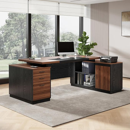 L-Shaped Executive Desk with Drawers, 78-Inch Large Home Office Desk with Power Outlet and Lateral File Cabinet, Modern Computer Table with Open Shelf and Storage Cabinet for Home, Brown Black