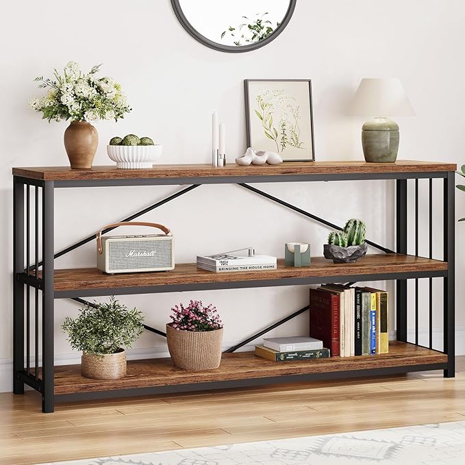 LVB Rustic 3 Tier Entryway Table, Industrial Long Wood Sofa Table Behind Couch,Farmhouse Narrow Console Table with Storage Shelf, Modern Hallway Entry Table for Foyer Living Room, Rustic Brown, 63