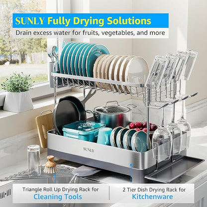 SUNLY Large Dish Drying Rack, Multipurpose 2 Tier Dish Racks for Kitchen Counter, 304 Stainless, Extra Large Drain Board, Gray