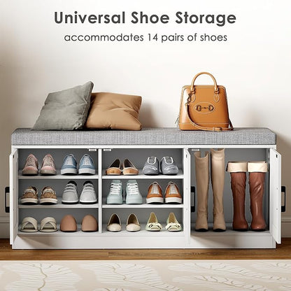 3-Tier Shoe Cabinet Storage with Adjustable Shelf Entryway Shoe Bench with Thickened Padded Seat Cushion Storage Bench with 3 Doors for Entry, Bedroom, Hallway (White Gray,46.3 * 13.8 in)
