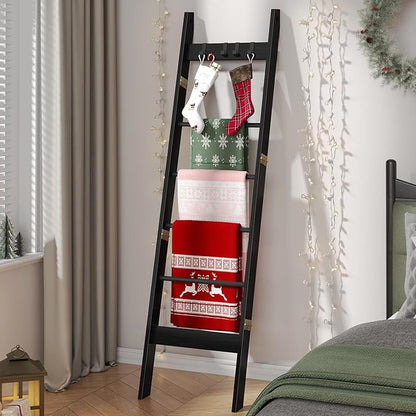 Hzuaneri Blanket Ladder for Living Room, Decorative Quilt Rack with 4 Removable Hooks, 6-Tier Farmhouse Ladder Holder Shelf Organizer for Bedroom, Black BR31504B
