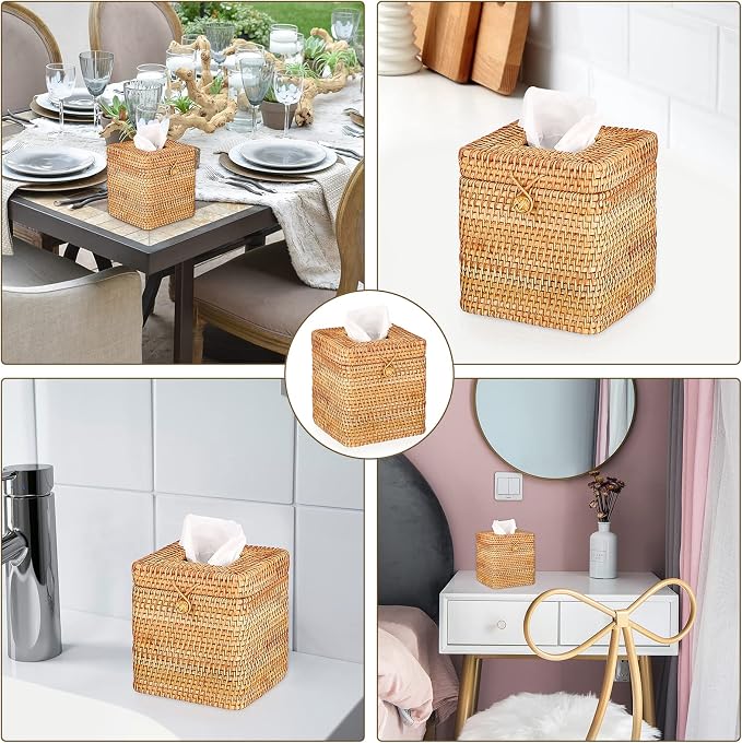 Sumnacon Tissue Box Cover Square Tissue Box Rattan Tissue Box Holder with Hinged Top Lid, Wicker Tissue Holder for Bathroom Toilet Living Room Kitchen Office Table Desk, Yellow