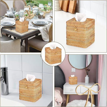 Sumnacon Tissue Box Cover Square Tissue Box Rattan Tissue Box Holder with Hinged Top Lid, Wicker Tissue Holder for Bathroom Toilet Living Room Kitchen Office Table Desk, Yellow