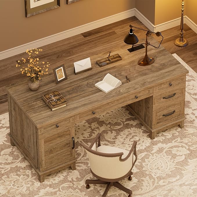 60" Traditional Home Office Desk with Power Outlets, Wooden Executive Desk with File Cabinet and Drawers, Farmhouse Wood Work Desk for Work, Study, Writing, Gray