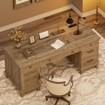 60" Traditional Home Office Desk with Power Outlets, Wooden Executive Desk with File Cabinet and Drawers, Farmhouse Wood Work Desk for Work, Study, Writing, Gray
