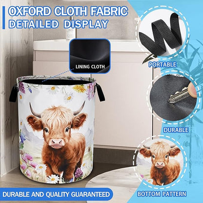 Highland Cow Laundry Basket Oxford Cloth Animal Flowers Laundry Hamper With Handle Foldable Portable Clothes Storage Basket 18.9 X 16.5 Inch Storage Bag For Laundry Room/Bathroom/Bedroom/Dormitories