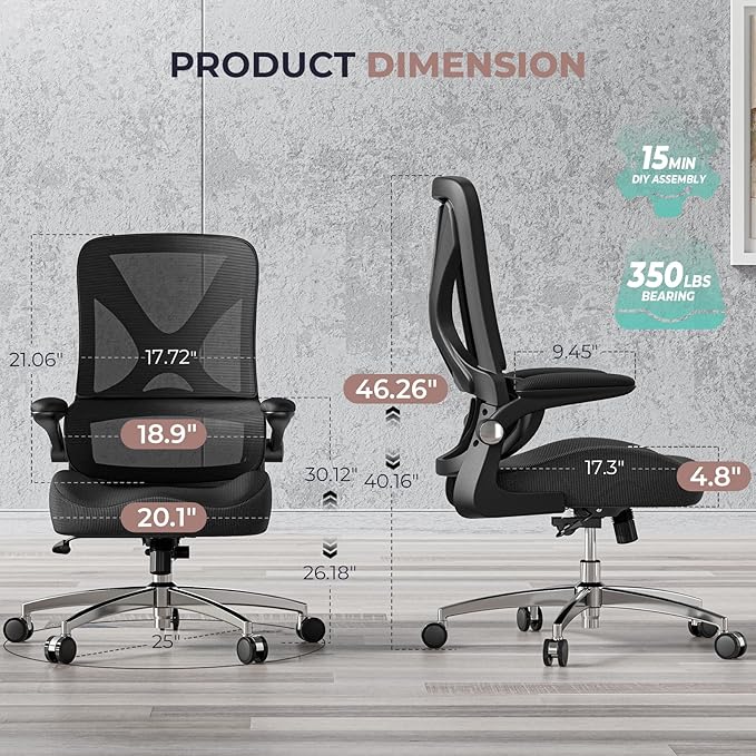 Ergonomic Office Chair Mid Back with Integrated Lumbar Support, Adjustable Height, Thick Memory Foam Seat, Rocking Function, 90° Flip-up Armrests – Comfortable Desk Chair for Home Office