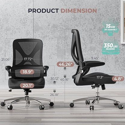 Ergonomic Office Chair Mid Back with Integrated Lumbar Support, Adjustable Height, Thick Memory Foam Seat, Rocking Function, 90° Flip-up Armrests – Comfortable Desk Chair for Home Office