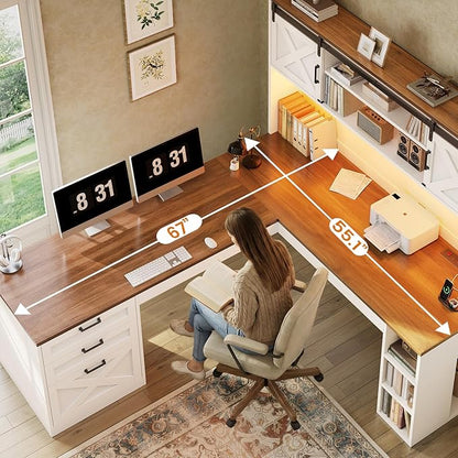 SEDETA 67" Farmhouse L Shaped Desk with Hutch, Home Office Desks with Drawers & Sliding Doors, Corner Computer Desk with Storage Shelves & Power Outlets, Executive Desk with LED Lights, White