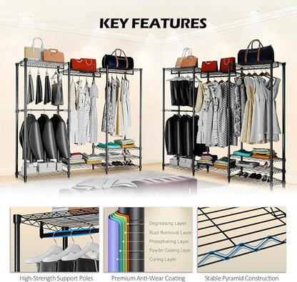 KAXIWEI Portable Closet Wardrobe – Heavy-Duty Freestanding Clothes Rack with 4 Hanging Rods & 8 Shelves, Adjustable Clothing Organizer, 67.3" L x 14.6" W x 76.8" H, Max Load 850 lbs