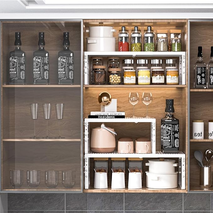 Cabinet Shelf,Expandable Adjustable Stackable Kitchen Organizer,for cabinets, Kitchens, countertops, bathrooms Shelf Organizer(2Packs/White,Large)