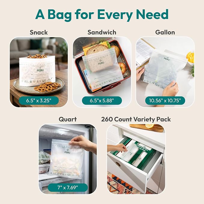 FEBU Sandwich Compostable Food Storage Bags, 180 Count | Certified Home Compostable & Biodegradable | PFAS & BPA Free Zipper Bags | Leak-Proof & Resealable | 6.5"x 5.88”
