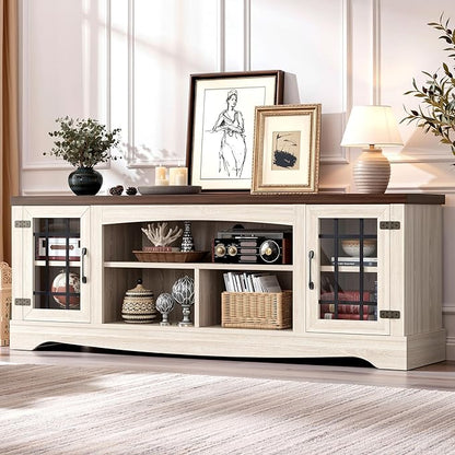 IRONCK Farmhouse TV Stand for 75 Inch TV, Rustic Entertainment Center with Storage Cabinets & Open Shelves, Grid Glass Doors, Media Console for Living Room, Bedroom(Light Oak & Walnut)