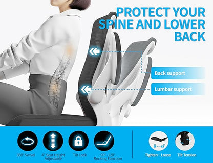 Ergonomic Office Chair - Computer Desk Chairs Comfy, Mesh High-Back Gaming Chair with Adjustable Lumbar Support, Executive Task Chair for Adults, Comfortable for Long Hours (White Black)