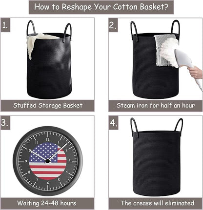 80L Extra Large Black Laundry Hamper Tall Woven Rope Laundry Basket for Clothes Modern Blanket Storage Basket in Living Room Bedroom 16"L x 16"W x 22"H