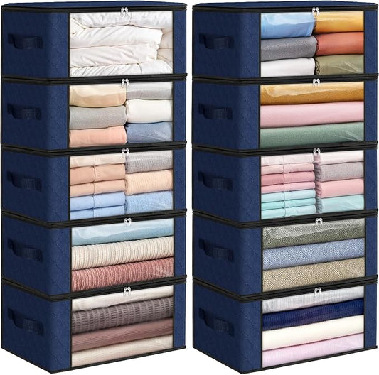 Fab totes 35L Closet Organizers and Storage, Foldable Under Bed Storage Containers, Storage bags for Organizing Bedroom, Closet, Clothing,Organization with Handle (10 Pack,Blue)