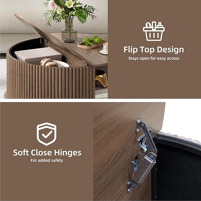 SULIVES Round Coffee Table with Storage, Unique Circle Coffee Table with Sliding Door,Fluted Accent Center Table with Bun Feet for Living Room, Walnut