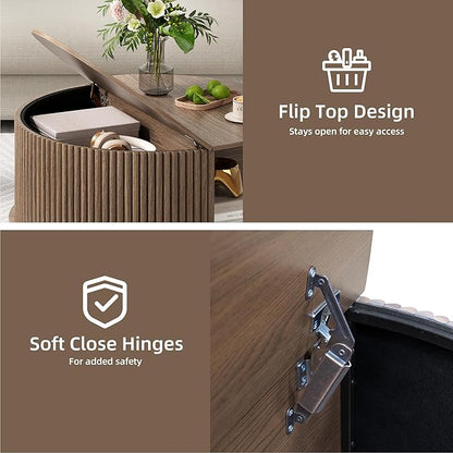 SULIVES Round Coffee Table with Storage, Unique Circle Coffee Table with Sliding Door,Fluted Accent Center Table with Bun Feet for Living Room, Walnut
