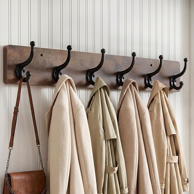 WEBI Rustic Coat Rack Wall Mount,24" Long 6 Cast Iron Coat Hooks Wall Mounted,Heavy Duty Wood Wall Coat Hanger Hooks for Hanging Coats,Jacket,Clothes,Backpack,Farmhouse,Rustic Brown