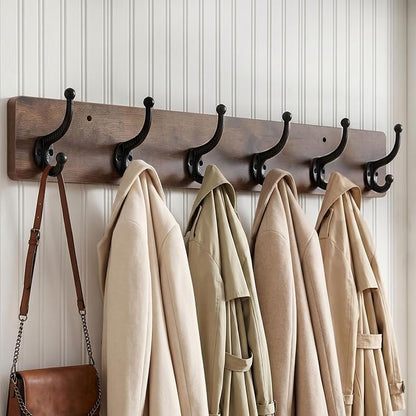 WEBI Rustic Coat Rack Wall Mount,24" Long 6 Cast Iron Coat Hooks Wall Mounted,Heavy Duty Wood Wall Coat Hanger Hooks for Hanging Coats,Jacket,Clothes,Backpack,Farmhouse,Rustic Brown