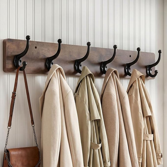WEBI Rustic Coat Rack Wall Mount,24" Long 6 Cast Iron Coat Hooks Wall Mounted,Heavy Duty Wood Wall Coat Hanger Hooks for Hanging Coats,Jacket,Clothes,Backpack,Farmhouse,Rustic Brown