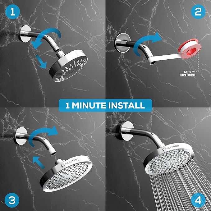 SparkPod Rain Shower Head, 6 Inch Round | High Pressure Shower Heads, 90 Nozzle (Touch-to-Clean), Adjustable Showerhead, No-tool Universal Connection