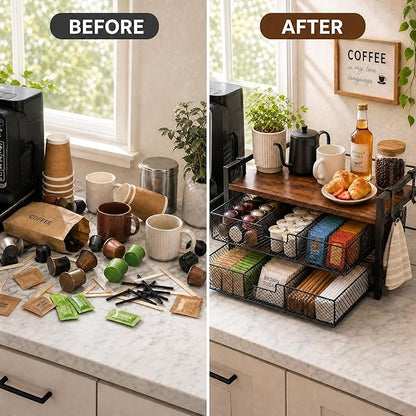 Coffee Station Organizer, Countertop Coffee Bar Holder with 2 Drawers, 4 Side Hooks, Holds 36 K Cups, Coffee Pods, Capsules, Rustic Brown Storage for Tea Bags, Syrup, Kitchen, Apartment, Home, Office