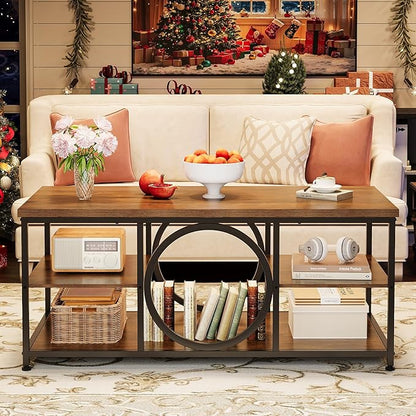Coffee Table for Living Room 47" Center Table with Round Middle Design 3-Tier Farmhouse Style Rustic Wood Coffee Table with Storage Open Shelf Space Saving Easy Assembly