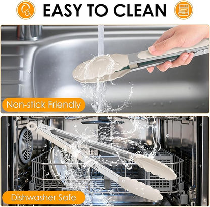 HOTEC Premium Stainless Steel Locking Kitchen Tongs with Silicon Tips, Set of 3-7", 9" and 12" (Khaki)