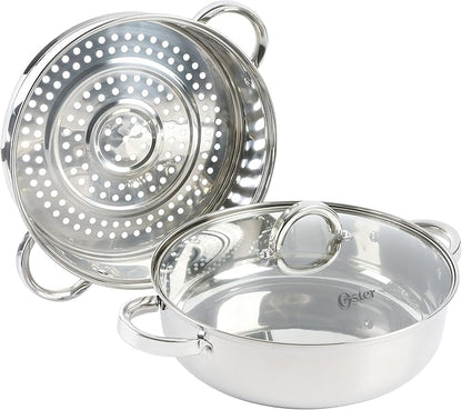 Oster Sangerfield 11-Inch Stainless Steel Everyday Cookware Pan with Steamer and Lid – Durable Nonstick Frying Skillet for Kitchen Cooking