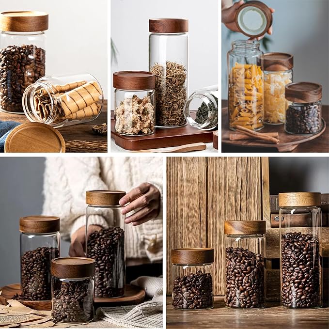 18 oz/550 ml Clear Glass Storage Canister with Airtight Wooden Lid, Small Overnight Oats Containers, Cute Decorative Salad Jar for Snacks Yogurt Spice Sugar Cereal Fruit Coffee Tea -4 Pack
