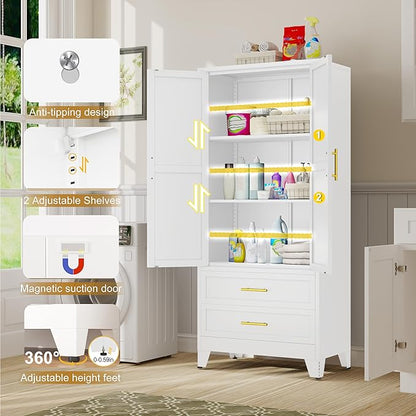 Steel Pantry Cabinet, 71" Metal Storage Cabinets with 2 Doors, 2 Adjustable Shelf and 2 Drawers, Freestanding Storage Cabinet for Bedroom, Kitchen, Home Office (White)