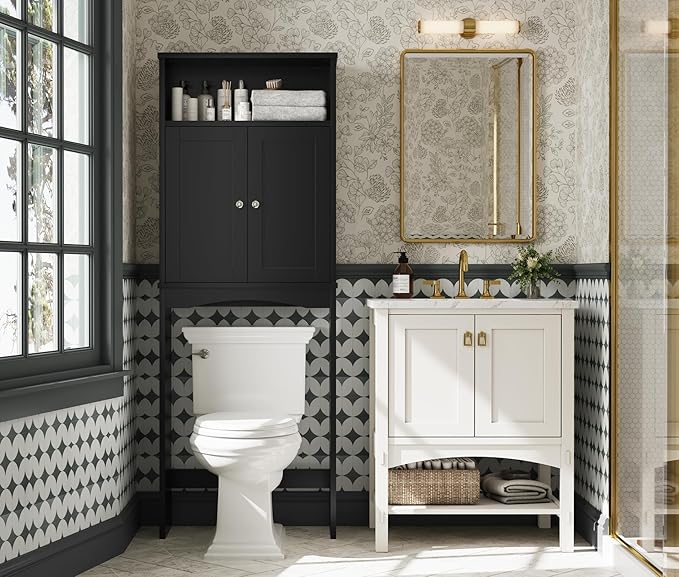 Over The Toilet Storage Cabinet, Over Toilet Bathroom Organizer with Adjustable Shelf and Double Door, Over The Toilet Cabinet for Bathroom Storage Over The Toilet Bathroom Organizer, Black