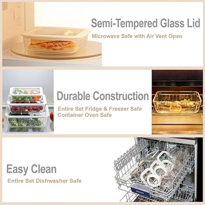 Urban Green Glass Food Container Set with Glass Lid, 4 Pack, Meal Prep Containers with Silicone Framed Airtight Lid, Leakproof, 100% Plastic Free,