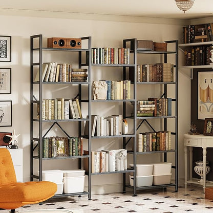 SUPERJARE Triple Bookshelf, Bookcase with 11 Open Display Shelves, Wide Book Shelf Book Case for Home & Office, 5 Tier, Grey